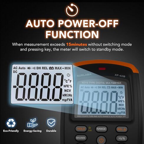 جهاز اختبار متعدد المتر TRMS 6000 عدد، مقياس الجهد مع NCV، إضاءة خلفية، تثبيت البيانات، إيقاف تلقائي - يقيس جهد التيار المتردد/التيار المستمر، المقاومة، السعة، الاستمرارية للتدفئة والتهوية وتكييف الهواء، المنزل والمنزل (برتقالي) in Kuwait