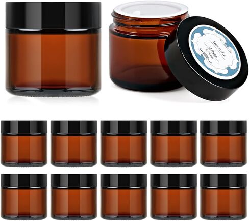 Qeirudu 4 Oz Small Amber Glass Jars with Black Lids, 12 Pack Empty Glass Cosmetic Jars with Inner Liners and Labels for Storing Lotions, Ointments, Creams, Candles in Saudi Arabia