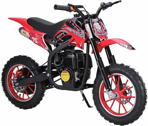 دراجة ترابية للأطفال 49cc 4-Stroke، دراجة نارية صغيرة تعمل بالغاز مع فرامل قرصية وامتصاص الصدمات، إطارات للطرق الوعرة مقاس 10 بوصات، تدعم 150 رطلًا، مثالية لركوب الممرات والفناء الخلفي للأعمار من 6 إلى 14 عامًا (أحمر) in Kuwait