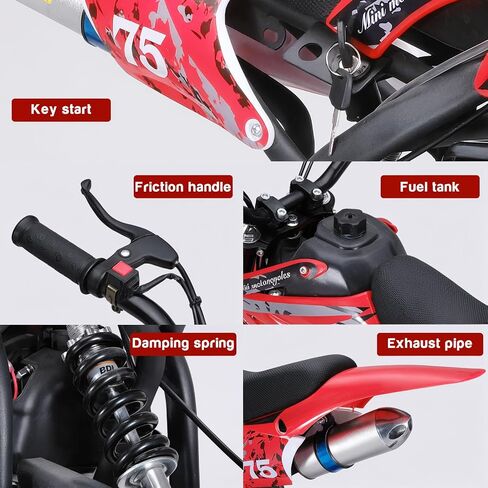 دراجة ترابية للأطفال 49cc 4-Stroke، دراجة نارية صغيرة تعمل بالغاز مع فرامل قرصية وامتصاص الصدمات، إطارات للطرق الوعرة مقاس 10 بوصات، تدعم 150 رطلًا، مثالية لركوب الممرات والفناء الخلفي للأعمار من 6 إلى 14 عامًا (أحمر) in Kuwait