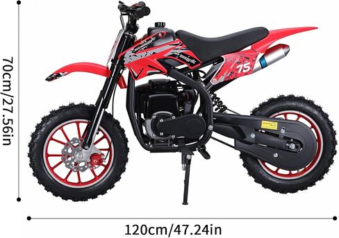 دراجة ترابية للأطفال 49cc 4-Stroke، دراجة نارية صغيرة تعمل بالغاز مع فرامل قرصية وامتصاص الصدمات، إطارات للطرق الوعرة مقاس 10 بوصات، تدعم 150 رطلًا، مثالية لركوب الممرات والفناء الخلفي للأعمار من 6 إلى 14 عامًا (أحمر) in Kuwait
