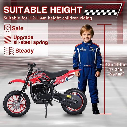 دراجة ترابية للأطفال 49cc 4-Stroke، دراجة نارية صغيرة تعمل بالغاز مع فرامل قرصية وامتصاص الصدمات، إطارات للطرق الوعرة مقاس 10 بوصات، تدعم 150 رطلًا، مثالية لركوب الممرات والفناء الخلفي للأعمار من 6 إلى 14 عامًا (أحمر) in Kuwait