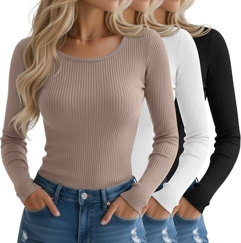 Riyiper 3 Pack Women's Long Sleeve Shirts, Cotton Crew Neck Ribbed Tops Slim Fit Casual Knit Tees Stretch Basic T Shirts 2025 in Saudi Arabia