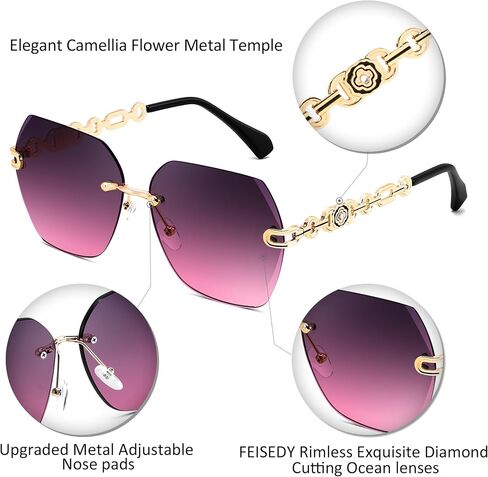 FEISEDY نظارات شمسية كلاسيكية بدون إطار للنساء بإطار معدني وعدسة قطع ماسية نظارات شمسية B2567 in Saudi Arabia