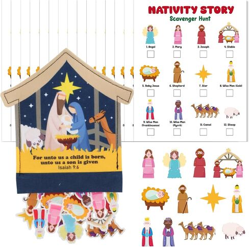 Soulchen Christmas Scavenger Hunt Game Nativity Game Sets الإمدادات بما في ذلك حقيبة المهد اللباد 15 بطاقة Scavenger Hunt 60 قطعة عنصر مسيحي لعيد الميلاد لحفلة مدرسة كنيسة عيد الميلاد in Saudi Arabia