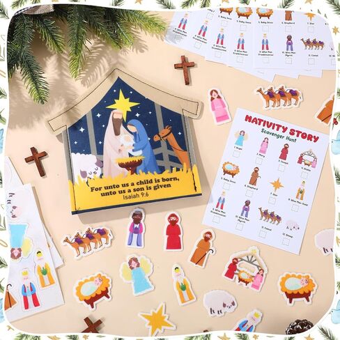Soulchen Christmas Scavenger Hunt Game Nativity Game Sets الإمدادات بما في ذلك حقيبة المهد اللباد 15 بطاقة Scavenger Hunt 60 قطعة عنصر مسيحي لعيد الميلاد لحفلة مدرسة كنيسة عيد الميلاد in Saudi Arabia