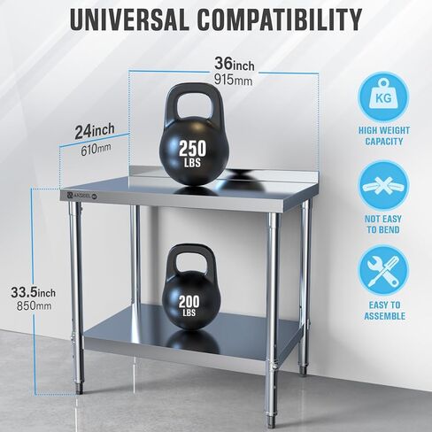 طاولة تحضير من الفولاذ المقاوم للصدأ مقاس 24 بوصة × 36 بوصة - منضدة عمل شديدة التحمل معتمدة من NSF مع رف سفلي وبلاش باكسبلاش - طاولة عمل المطبخ التجاري للمطعم أو المرآب أو المنزل in Kuwait