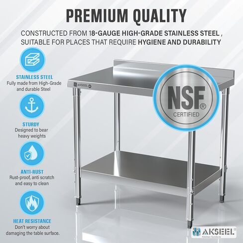 طاولة تحضير من الفولاذ المقاوم للصدأ مقاس 24 بوصة × 36 بوصة - منضدة عمل شديدة التحمل معتمدة من NSF مع رف سفلي وبلاش باكسبلاش - طاولة عمل المطبخ التجاري للمطعم أو المرآب أو المنزل in Kuwait