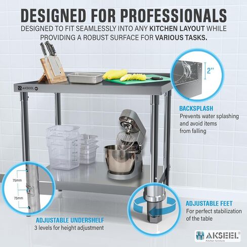 طاولة تحضير من الفولاذ المقاوم للصدأ مقاس 24 بوصة × 36 بوصة - منضدة عمل شديدة التحمل معتمدة من NSF مع رف سفلي وبلاش باكسبلاش - طاولة عمل المطبخ التجاري للمطعم أو المرآب أو المنزل in Kuwait