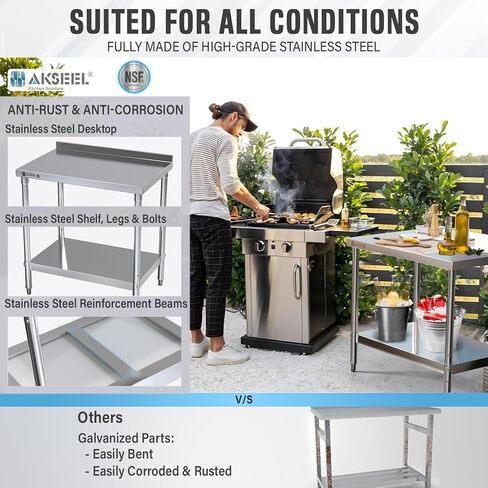 طاولة تحضير من الفولاذ المقاوم للصدأ مقاس 24 بوصة × 36 بوصة - منضدة عمل شديدة التحمل معتمدة من NSF مع رف سفلي وبلاش باكسبلاش - طاولة عمل المطبخ التجاري للمطعم أو المرآب أو المنزل in Kuwait