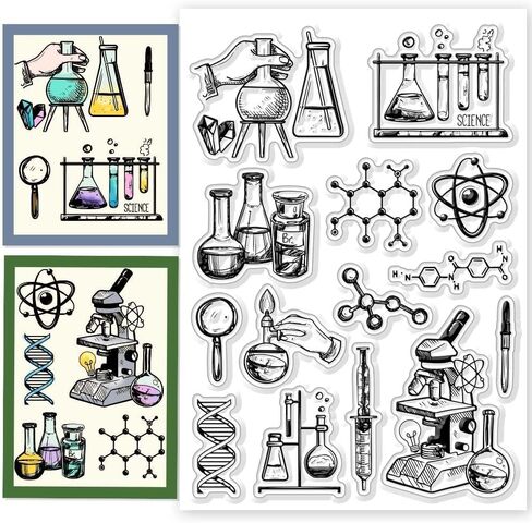 Science Clear Stamps Microscope Stamps Test Tube Pattern Silicone Clear Stamp Seals for DIY Scrapbooking Photo Album Decoration, 4.3x6.3inch in Saudi Arabia