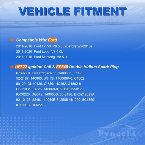 UF622 DG542 ملفات إشعال عالية الأداء وشمعات إشعال إيريديوم مجموعة مكونة من 8 قطع لسيارة Ford F-150 Mustang Lobo 5.0L V8 - يستبدل BR3Z-12029A (UF622+شمعات الإشعال) in Kuwait