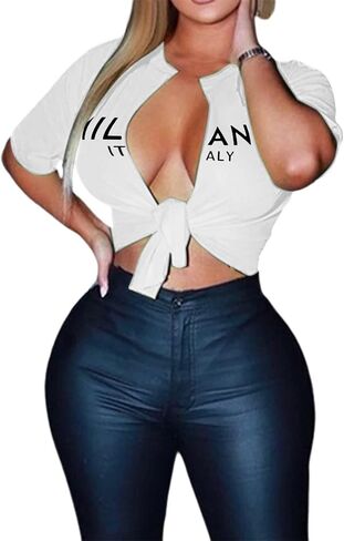 vblane Sexy Graphic Crop Tops for Women Summer Short Sleeve Tie up Tee Shirt in Saudi Arabia