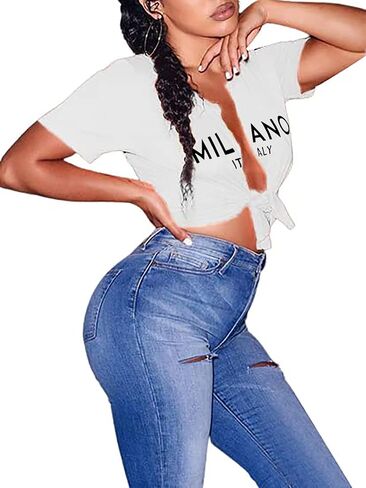 vblane Sexy Graphic Crop Tops for Women Summer Short Sleeve Tie up Tee Shirt in Saudi Arabia