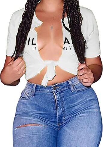vblane Sexy Graphic Crop Tops for Women Summer Short Sleeve Tie up Tee Shirt in Saudi Arabia