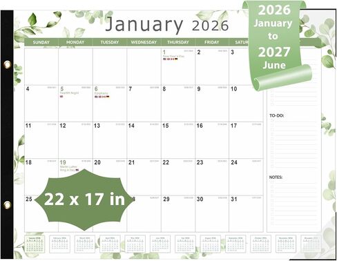 تقويم مكتب 2026، تقويم مكتب كبير 22 بوصة × 17 بوصة (يناير 2026 - يونيو 2027) مخطط جداري شهري لسطح المكتب للوازم المكتبية المدرسية للمعلم العائلي، أسود-أبيض in Kuwait