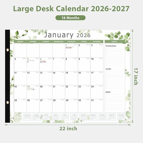 تقويم مكتب 2026، تقويم مكتب كبير 22 بوصة × 17 بوصة (يناير 2026 - يونيو 2027) مخطط جداري شهري لسطح المكتب للوازم المكتبية المدرسية للمعلم العائلي، أسود-أبيض in Kuwait