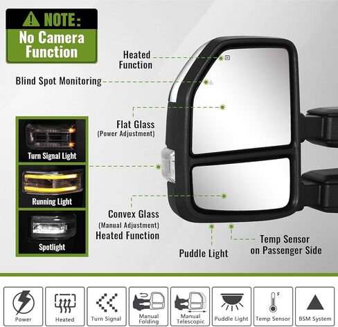مرايا السحب لـ F150 Ford Pickup 2021-2025، F250 (2023-2025) مرايا السحب مع إشارة الانعطاف وضوء التشغيل مجموعة زوج زجاجي كهربائي ساخن (غير مطلي) in Kuwait