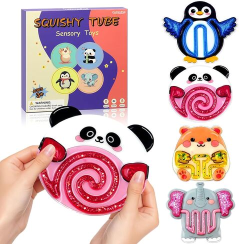 Squishy Sensory Toys for Kids - 4 Pack Fidget Toys for Stress Relief & Calm Down, Cute Animal-Shaped Squishy Toys for Autism Children, Squeeze Sensory Tube with Colorful Goo, Prizes for Kids Classroom in Saudi Arabia