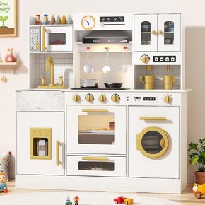 BIERUM Wooden Play Kitchen for Kids Ages 3-8 with Lights & Sounds, Pretend Play Kitchen Set with Stove, Ice Maker, Coffee Maker, Oven & Accessories, Toddler Kitchen Playset for Boys and Girls (White) in Kuwait