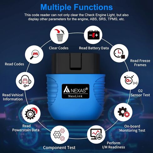 ماسح ضوئي NEXAS NexLINK Bluetooth Obd2 للسيارة - فحص قارئ رمز ضوء المحرك مع البيانات الحية واختبار الأداء، أداة مسح تشخيصي لاسلكية مع إعادة تعيين لجميع المركبات الأمريكية، يعمل مع iOS Android in Kuwait