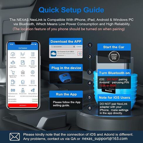 ماسح ضوئي NEXAS NexLINK Bluetooth Obd2 للسيارة - فحص قارئ رمز ضوء المحرك مع البيانات الحية واختبار الأداء، أداة مسح تشخيصي لاسلكية مع إعادة تعيين لجميع المركبات الأمريكية، يعمل مع iOS Android in Kuwait