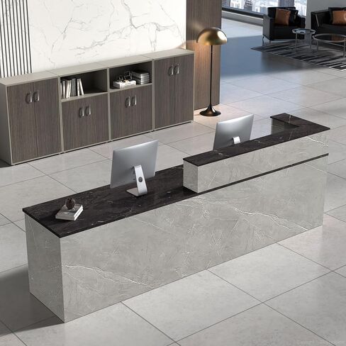 مكتب استقبال حديث مع منضدة، وتخزين، وصينية لوحة المفاتيح، وأدراج قابلة للقفل، ومكتب أمامي أنيق للمكتب، والصالون، والمتجر، والمساحات التجارية (رمادي + أسود/يسار، 79 بوصة طول * 24 بوصة عرض * 39 بوصة ارتفاع) in Kuwait