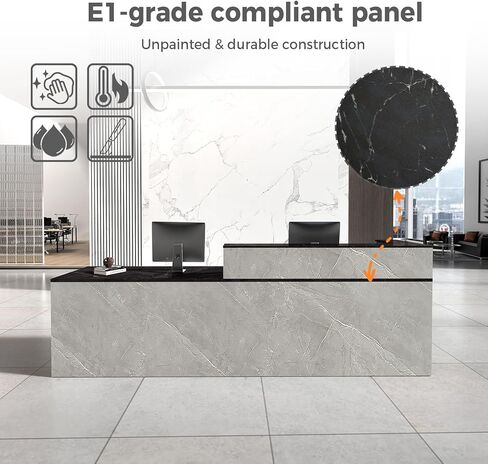 مكتب استقبال حديث مع منضدة، وتخزين، وصينية لوحة المفاتيح، وأدراج قابلة للقفل، ومكتب أمامي أنيق للمكتب، والصالون، والمتجر، والمساحات التجارية (رمادي + أسود/يسار، 79 بوصة طول * 24 بوصة عرض * 39 بوصة ارتفاع) in Kuwait