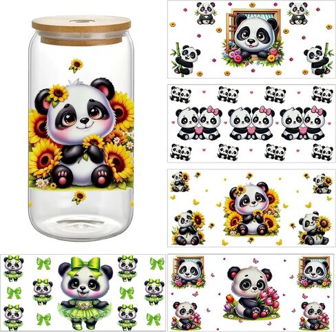 5 Sheets UV DTF Cup Wraps, Waterproof Tumbler Decal Stickers for Glass Cups, Cartoon Design, DIY Heat Transfer Vinyl Stickers for Cups (Panda) (Panda) in Saudi Arabia
