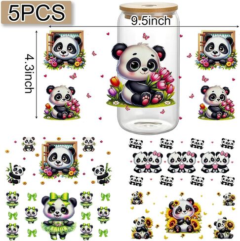 5 Sheets UV DTF Cup Wraps, Waterproof Tumbler Decal Stickers for Glass Cups, Cartoon Design, DIY Heat Transfer Vinyl Stickers for Cups (Panda) (Panda) in Saudi Arabia