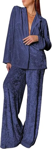 SEMATOMALA Women's Velvet 2 Piece Outfits Long Sleeve Button Down Shirt Loungewear Wide Leg Pants Pajama Sets in Saudi Arabia