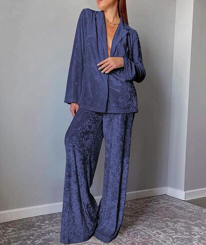 SEMATOMALA Women's Velvet 2 Piece Outfits Long Sleeve Button Down Shirt Loungewear Wide Leg Pants Pajama Sets in Saudi Arabia