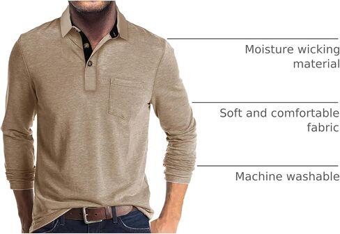 قمصان بولو رجالي بأكمام طويلة، قميص جولف كلاسيكي بأزرار سفلية، قمصان كاجوال ماصة للرطوبة مع جيب in Kuwait