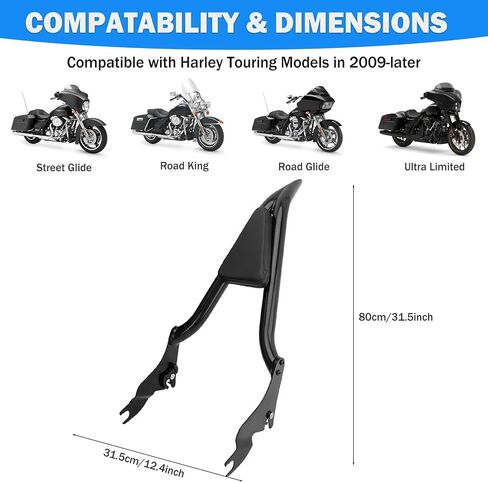 مسند ظهر للركاب من Sissy Bar قابل للفصل متوافق مع 2009-2024 Harley Davidson Touring Street Glide Road King Electra Glide Ultra Limited، شريط Sissy سريع الإصدار من الكروم مقاس 30 بوصة مع وسادة من جلد البولي يوريثان in Kuwait
