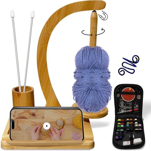 KOMOVAX Wooden Yarn Holder with Sewing Kit & Crochet Ring – Portable Yarn Spinner for Crocheting, Knitting & Yarn Organization – Magnetic Yarn Holder & Yarn Ball Stand – Perfect Gift for Crafters in Saudi Arabia