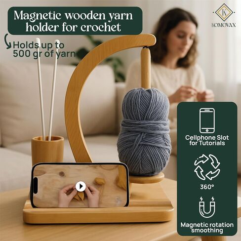 KOMOVAX Wooden Yarn Holder with Sewing Kit & Crochet Ring – Portable Yarn Spinner for Crocheting, Knitting & Yarn Organization – Magnetic Yarn Holder & Yarn Ball Stand – Perfect Gift for Crafters in Saudi Arabia