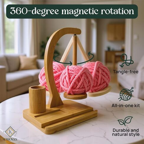 KOMOVAX Wooden Yarn Holder with Sewing Kit & Crochet Ring – Portable Yarn Spinner for Crocheting, Knitting & Yarn Organization – Magnetic Yarn Holder & Yarn Ball Stand – Perfect Gift for Crafters in Saudi Arabia