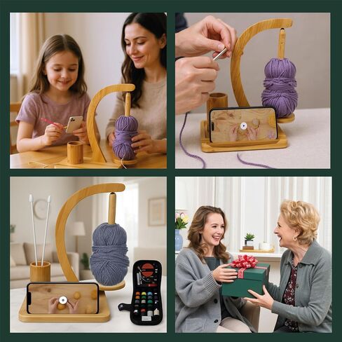 KOMOVAX Wooden Yarn Holder with Sewing Kit & Crochet Ring – Portable Yarn Spinner for Crocheting, Knitting & Yarn Organization – Magnetic Yarn Holder & Yarn Ball Stand – Perfect Gift for Crafters in Saudi Arabia