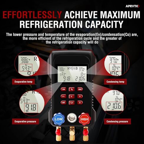 مقياس رقمي متعدد، مجموعة قياس التيار المتردد الرقمي مجموعة قياس نظام تبريد السيارات والتكييف من Aprvtio لمجموعة أدوات نظام التدفئة والتهوية وتكييف الهواء للسيارات R134a R22 R12 R454B in Kuwait