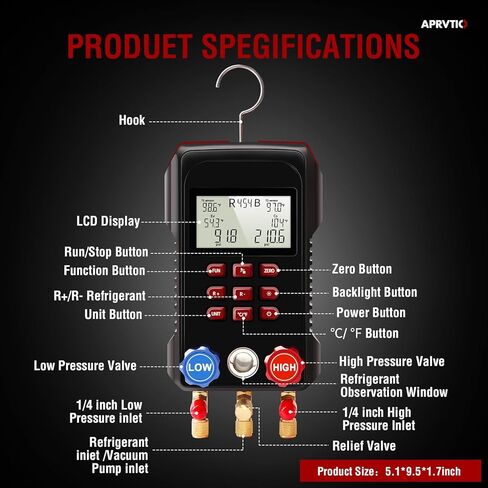 مقياس رقمي متعدد، مجموعة قياس التيار المتردد الرقمي مجموعة قياس نظام تبريد السيارات والتكييف من Aprvtio لمجموعة أدوات نظام التدفئة والتهوية وتكييف الهواء للسيارات R134a R22 R12 R454B in Kuwait