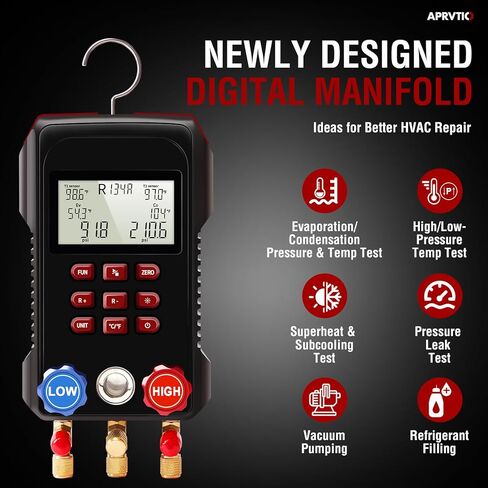 مقياس رقمي متعدد، مجموعة قياس التيار المتردد الرقمي مجموعة قياس نظام تبريد السيارات والتكييف من Aprvtio لمجموعة أدوات نظام التدفئة والتهوية وتكييف الهواء للسيارات R134a R22 R12 R454B in Kuwait
