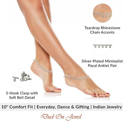 Duel On Jewel Traditional Indian Style Silver Curved Edge Payal Bell Anklet Pair Set for Women - Beach Party Dance Wedding in Saudi Arabia