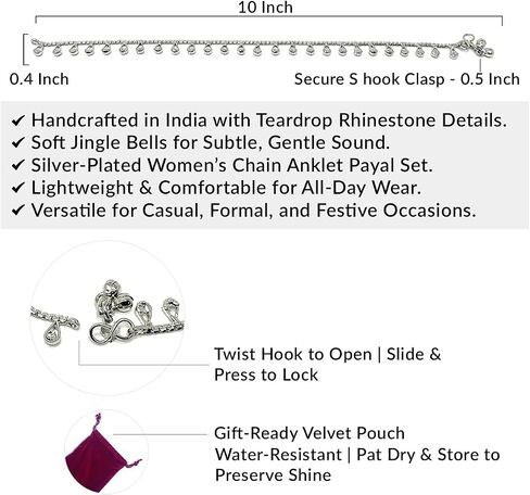 Duel On Jewel Traditional Indian Style Silver Curved Edge Payal Bell Anklet Pair Set for Women - Beach Party Dance Wedding in Saudi Arabia