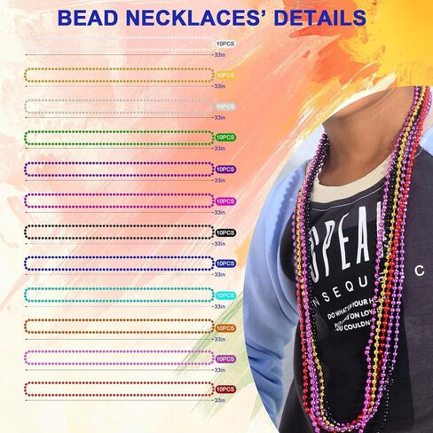 Mardi Gras Beads，120Pcs Bead Necklace 12 Colors 33" Colored Beads Bulk Necklace，Throw-Ins Christmas Pirate Carnival Party Costume Accessories Bulk Party Gifts Women Men in Saudi Arabia