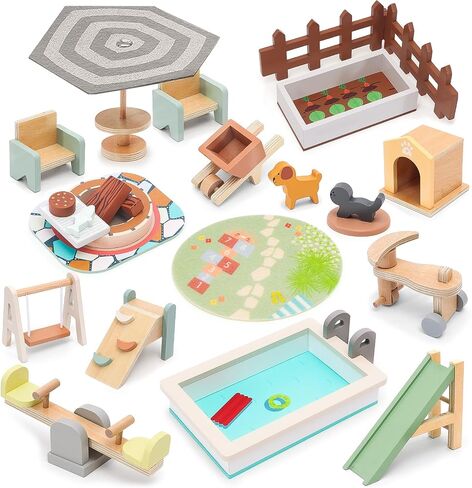 Wooden Doll House Furniture and Accessories Outdoor Play Set for Kids- Includes Slide, Swing, BBQ Grill, Pool & Garden - Perfect Doll House Decor Gift for Children 3-6 Years Birthday Christmas in Saudi Arabia
