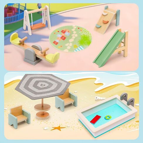 Wooden Doll House Furniture and Accessories Outdoor Play Set for Kids- Includes Slide, Swing, BBQ Grill, Pool & Garden - Perfect Doll House Decor Gift for Children 3-6 Years Birthday Christmas in Saudi Arabia
