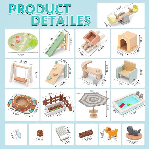 Wooden Doll House Furniture and Accessories Outdoor Play Set for Kids- Includes Slide, Swing, BBQ Grill, Pool & Garden - Perfect Doll House Decor Gift for Children 3-6 Years Birthday Christmas in Saudi Arabia