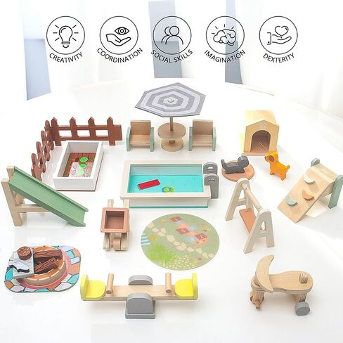 Wooden Doll House Furniture and Accessories Outdoor Play Set for Kids- Includes Slide, Swing, BBQ Grill, Pool & Garden - Perfect Doll House Decor Gift for Children 3-6 Years Birthday Christmas in Saudi Arabia