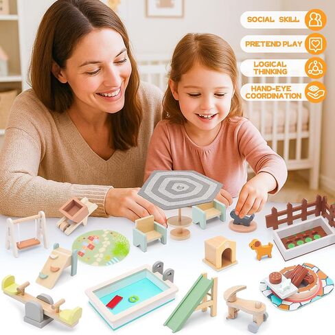 Wooden Doll House Furniture and Accessories Outdoor Play Set for Kids- Includes Slide, Swing, BBQ Grill, Pool & Garden - Perfect Doll House Decor Gift for Children 3-6 Years Birthday Christmas in Saudi Arabia