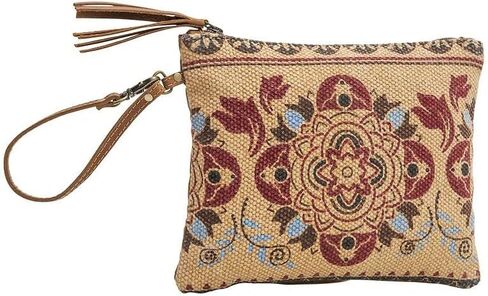 Myra Bag Puzzled Upcycled Canvas & Leather Pouch Wristlet Bag S-1565 in Saudi Arabia